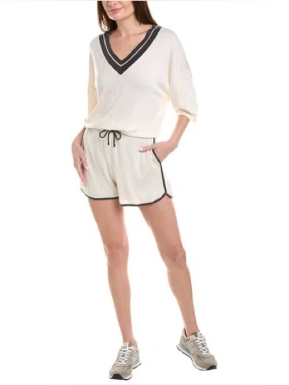 Brunello Cucinelli cashmere and silk Cream V-Neck Romper with Black Trim NWOT